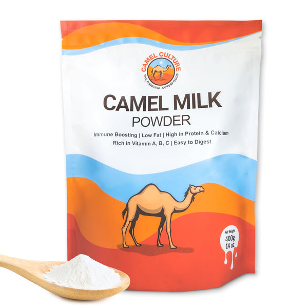Camel milk powder package with a wooden spoonful of powder on a white background