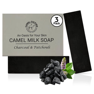Camel milk soap with charcoal and patchouli scent, displayed with packaging on a white background.