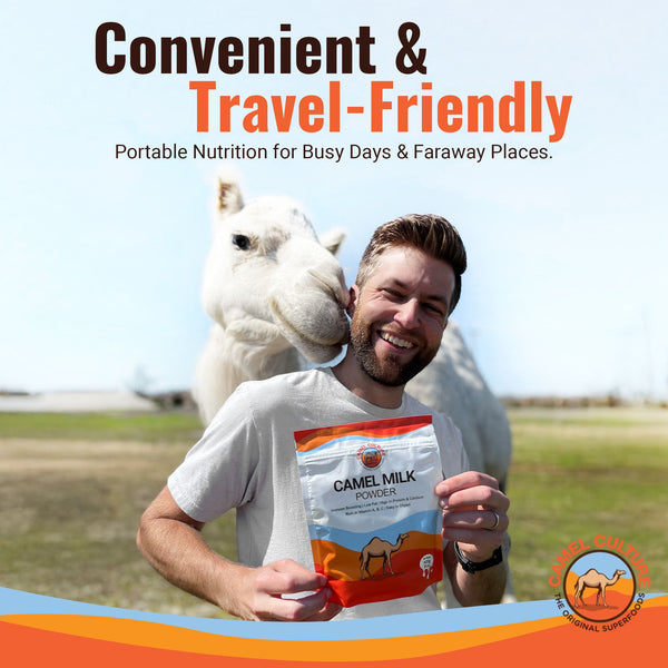 Man holding a camel milk powder package with text about convenience and travel-friendliness.