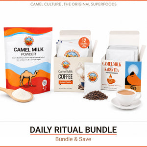 Camel Culture Daily Ritual Bundle featuring Camel Milk Powder, Camel Milk Coffee, Camel Milk Karakata Instant Powder, a wooden spoon of powder, coffee beans, and a cup of brewed coffee on a white background with promotional text.