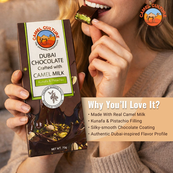 Woman holding and eating a Dubai chocolate bar with camel milk, kunafa, and pistachio filling.