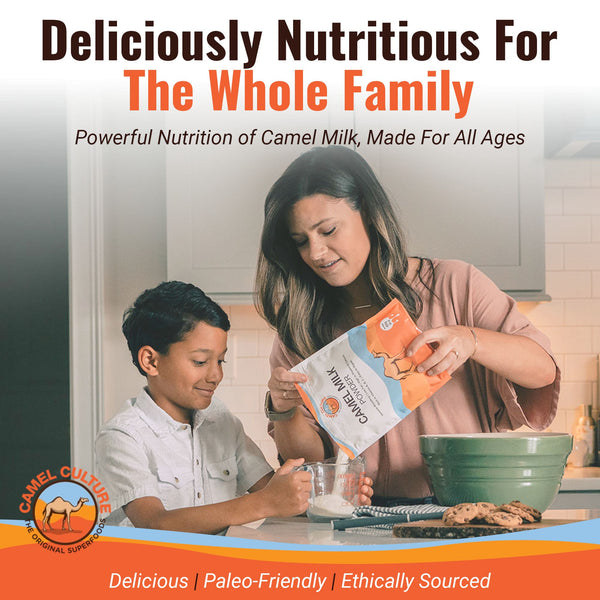 Woman and child in a kitchen with a product, promoting camel milk's nutritional benefits.