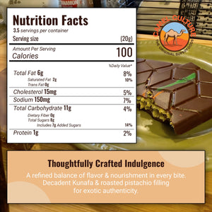 Nutrition facts label and Kunafa dessert with roasted pistachio filling on a plate.