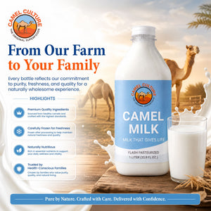 A bottle of Camel Culture flash pasteurized camel milk with a glass of milk and camels in the background, accompanied by marketing text and highlights on the left.
