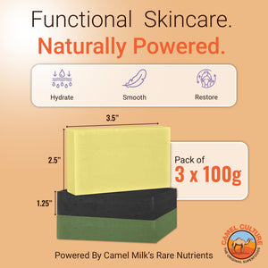 Bar of soap with dimensions and packaging details on a beige background