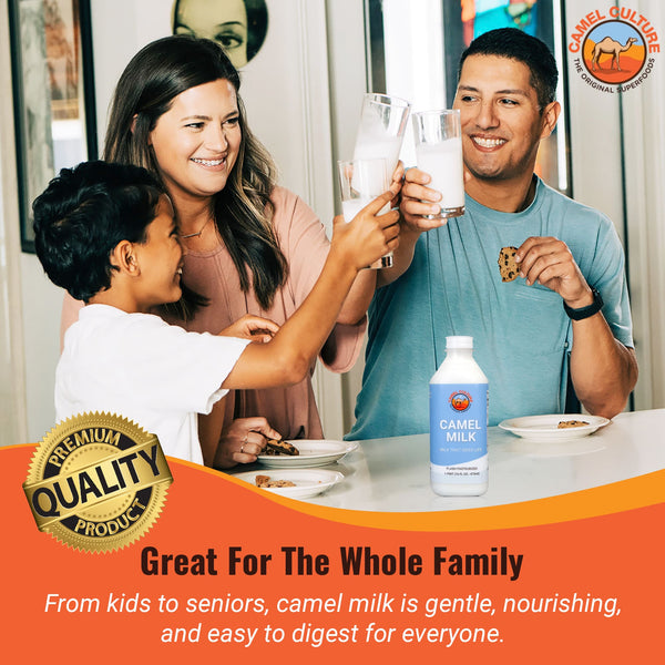 Family at a table with camel milk products, including a bottle and glasses, with 'Camel Culture' branding.