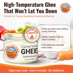 Jar of Camel Milk Ghee with promotional text on a white background