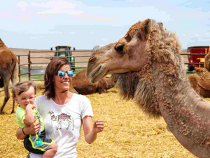 Woman and child interacting with a camel in an outdoor setting