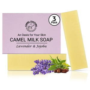 Camel milk soap with lavender and jojoba on a white background
