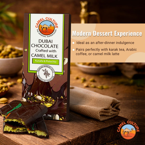 Camel Culture Dubai Chocolate packaging with a piece of chocolate on a wooden surface.