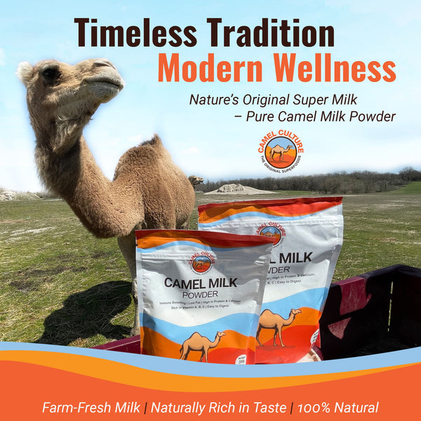 Person pouring camel milk into a bowl with promotional text about the product.