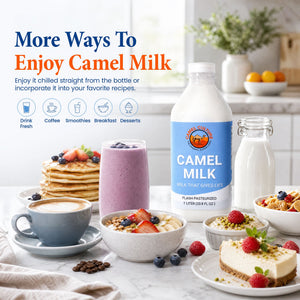 A bottle of Camel Milk and a glass of purple camel milk smoothie are displayed on a kitchen counter surrounded by breakfast foods like pancakes, cereal, and a cheesecake, with promotional text on the left.