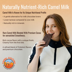 Woman holding a chocolate bar with text about naturally nutrient-rich camel milk and Camel Culture branding.