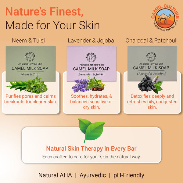 Camel Culture soap bars with ingredients and benefits on a beige background