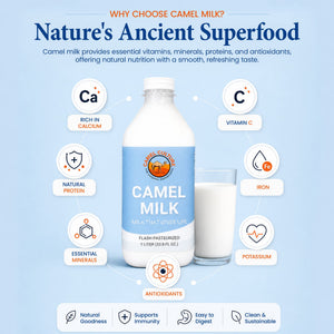 A promotional graphic for camel milk featuring a large bottle labeled 'Nature's Ancient Life' and a glass of milk on a light blue background with text highlighting nutrients and benefits.