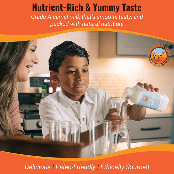 Child pouring camel milk into a glass with a woman in a kitchen setting, promoting camel milk as nutrient-rich and yummy.