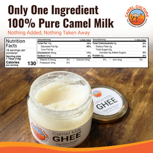 Jar of camel milk ghee with nutrition label on a wooden surface, featuring Camel Culture brand.