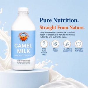 A 1-liter plastic bottle of Camel Culture Camel Milk with a white cap and a light blue label, displayed on a pedestal with milk splashes against a light blue background. To the right is promotional text and feature icons.