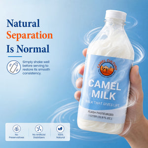 A hand holding a 1-liter bottle of Camel Culture Camel Milk against a light blue background with promotional text and icons about natural separation and no artificial preservatives.