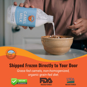 Person pouring camel milk into a bowl with a promotional banner at the bottom.