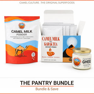 Camel Culture Camel Milk Powder, Karak Tea Instant Premix, and Camel Milk Ghee bundle, displayed in their retail packaging on a white background with promotional text.