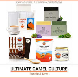 Camel Culture bundle and save featuring Camel Milk Karakucha tea, Camel Milk Soap bars in lavender and rose, Camel Milk Powder, Camel Milk Chocolate, Camel Milk Ghee, and Camel Milk Soap bars, arranged on a white background with a cup of tea and a spoonful of powder.