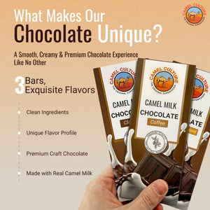 Camel Culture chocolate bars with a hand holding one, on a beige background.