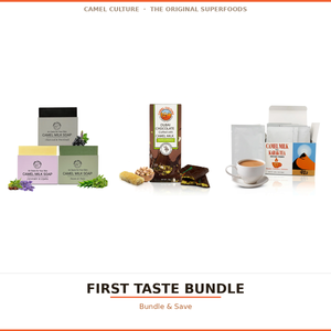Camel Culture superfoods products including soap, chocolate, and tea on a white background.