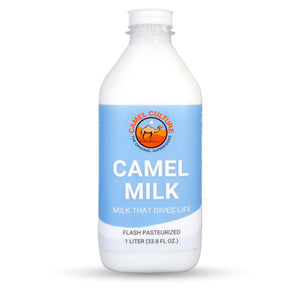 A camel milk liter bottle (33 oz.) from Camel Culture -a food distribution company.