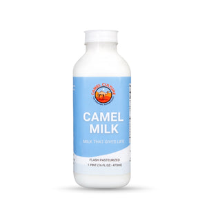 A camel milk pint bottle (16 oz.) from Camel Culture -a food distribution company.